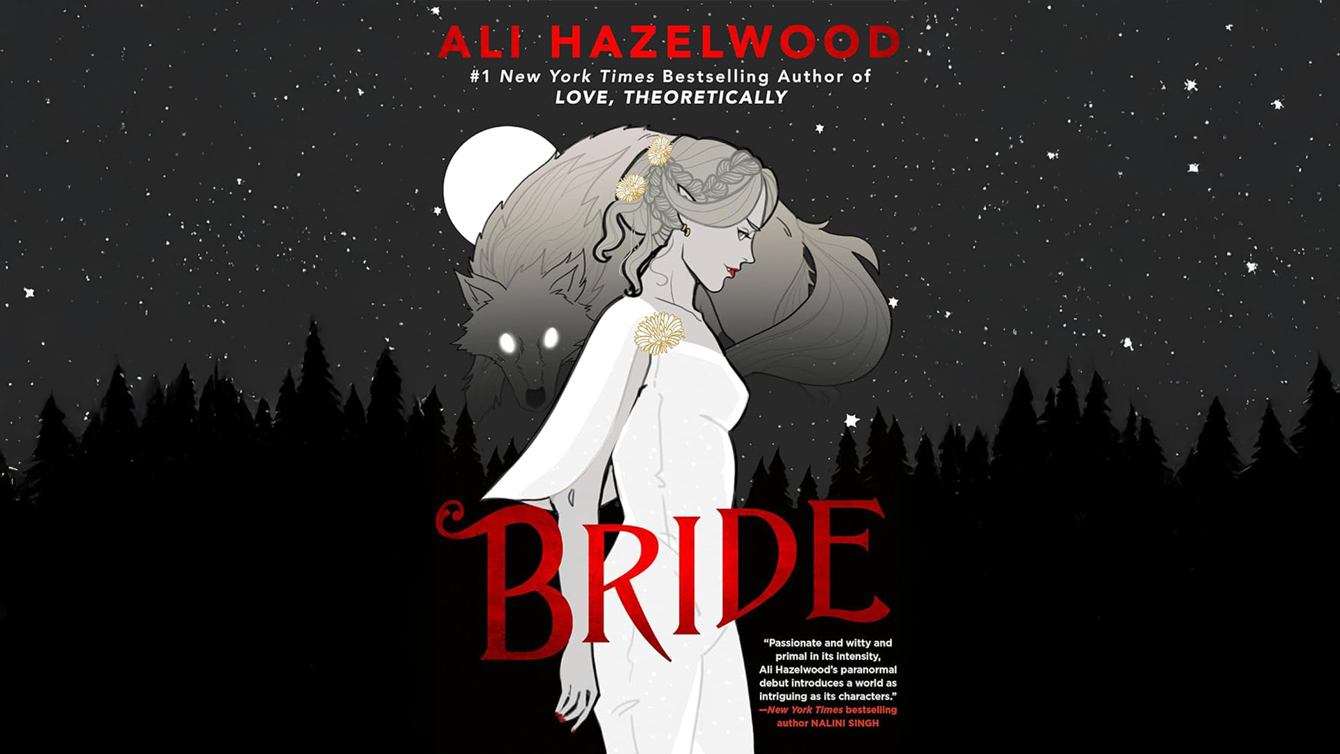 book cover of bride ali hazelwood featuring a vampire bride in the middle of dark, spooky woods