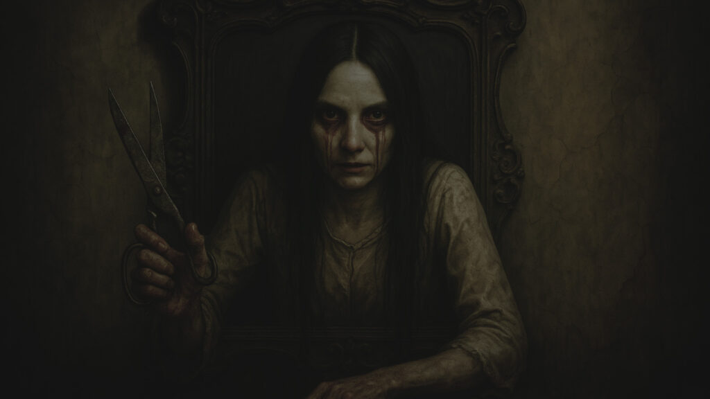 The Bloody Mary Ghost coming out of a mirror with long hair and bleeding eyes with scissors in her hand.