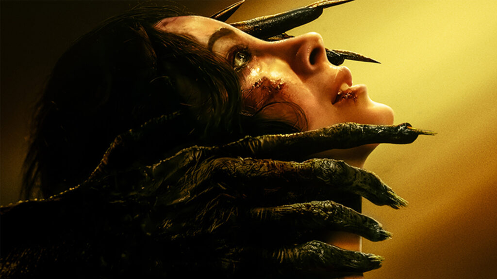 a close up of the main character in the Rosario Movie being held by two creepy hands